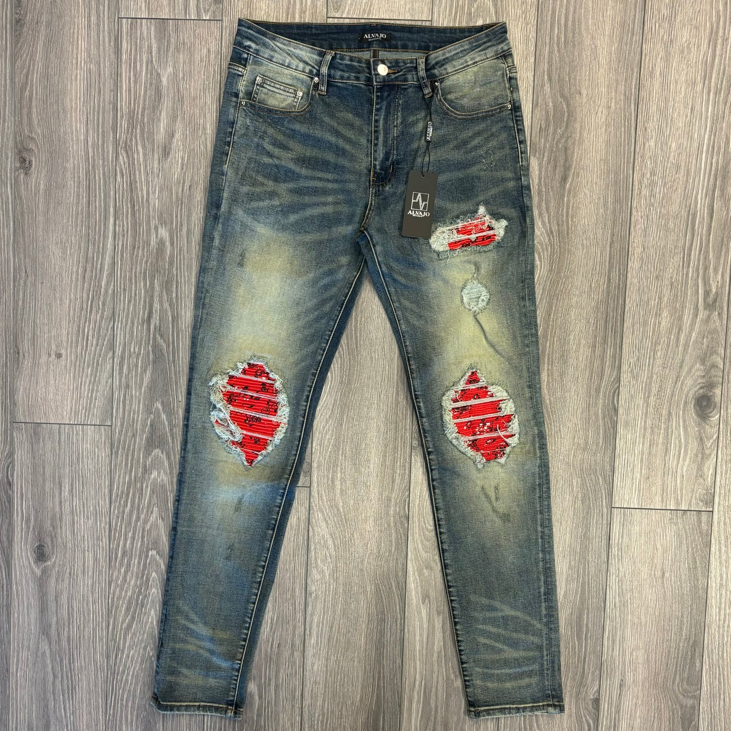 Distressed Red Paisley Denim