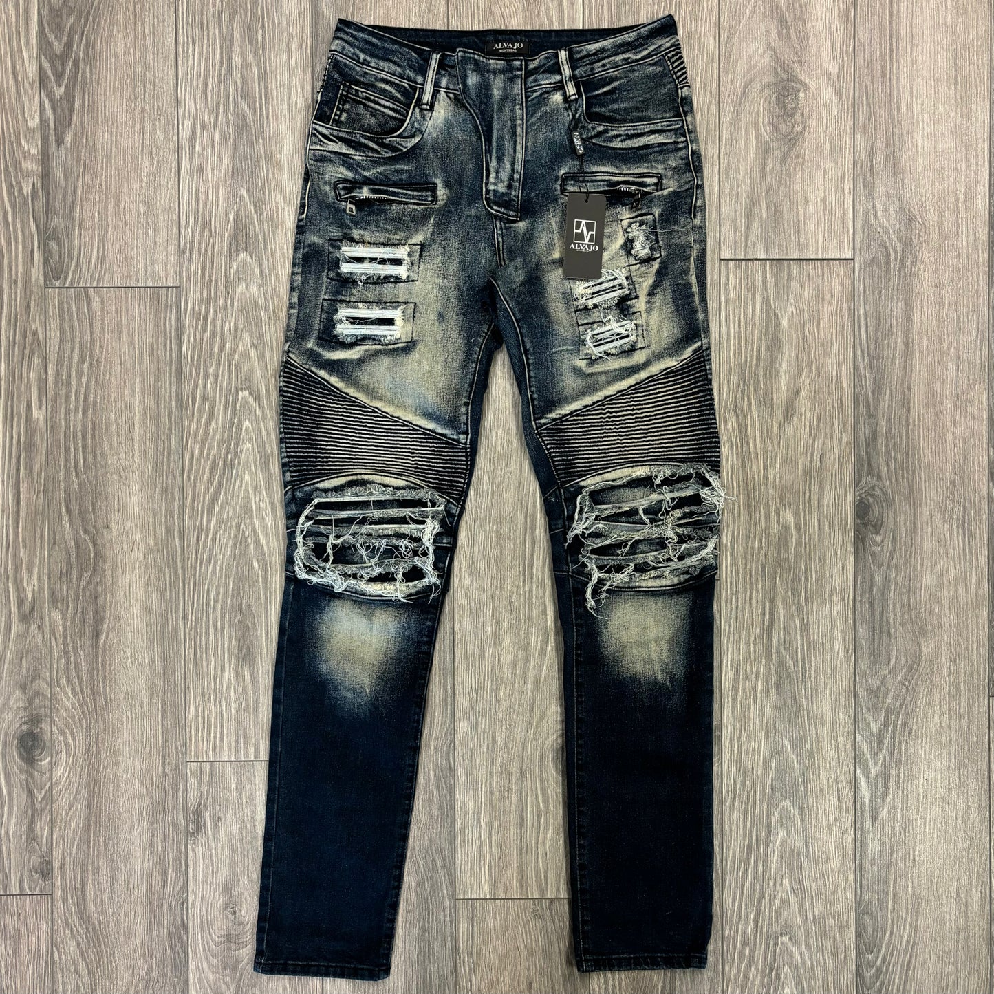 Blue Wash Distressed Biker Denim