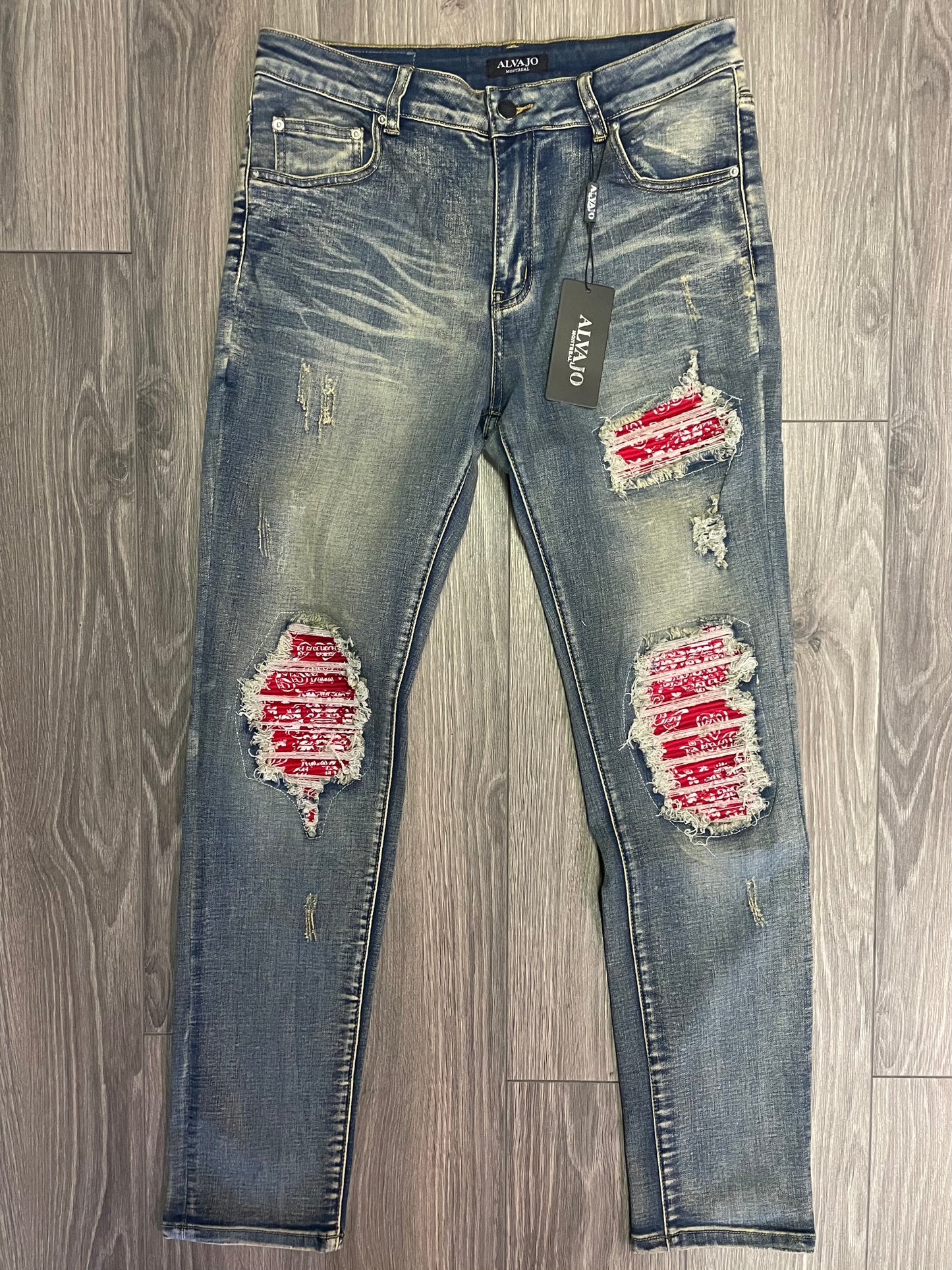 Distressed Red Paisley Denim