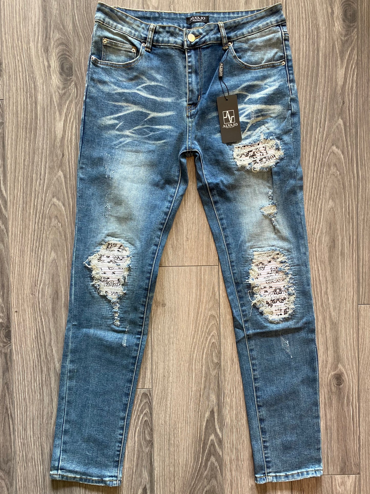 Distressed White Paisley Denim