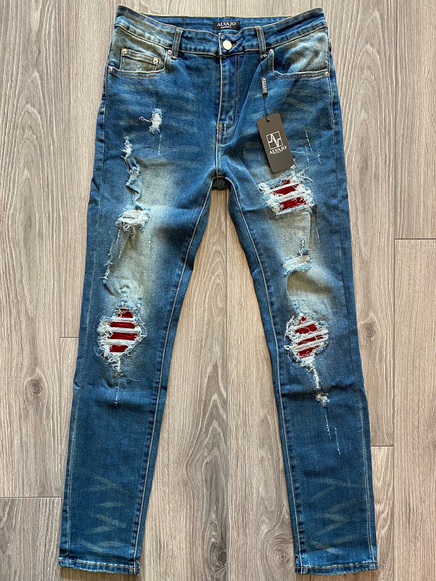 Distressed Red Patch Denim