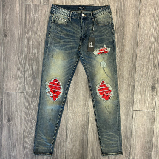Distressed Red Paisley Denim
