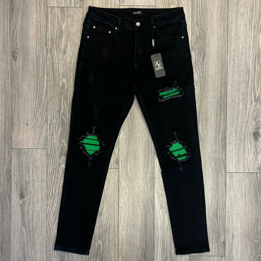 Distressed Green Patch Denim