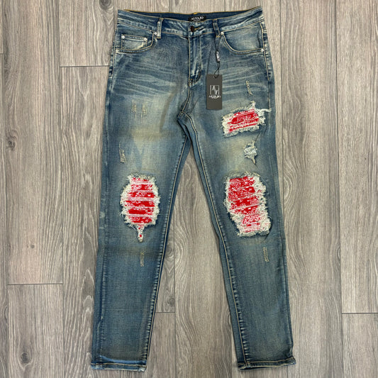 Distressed Red Paisley Denim
