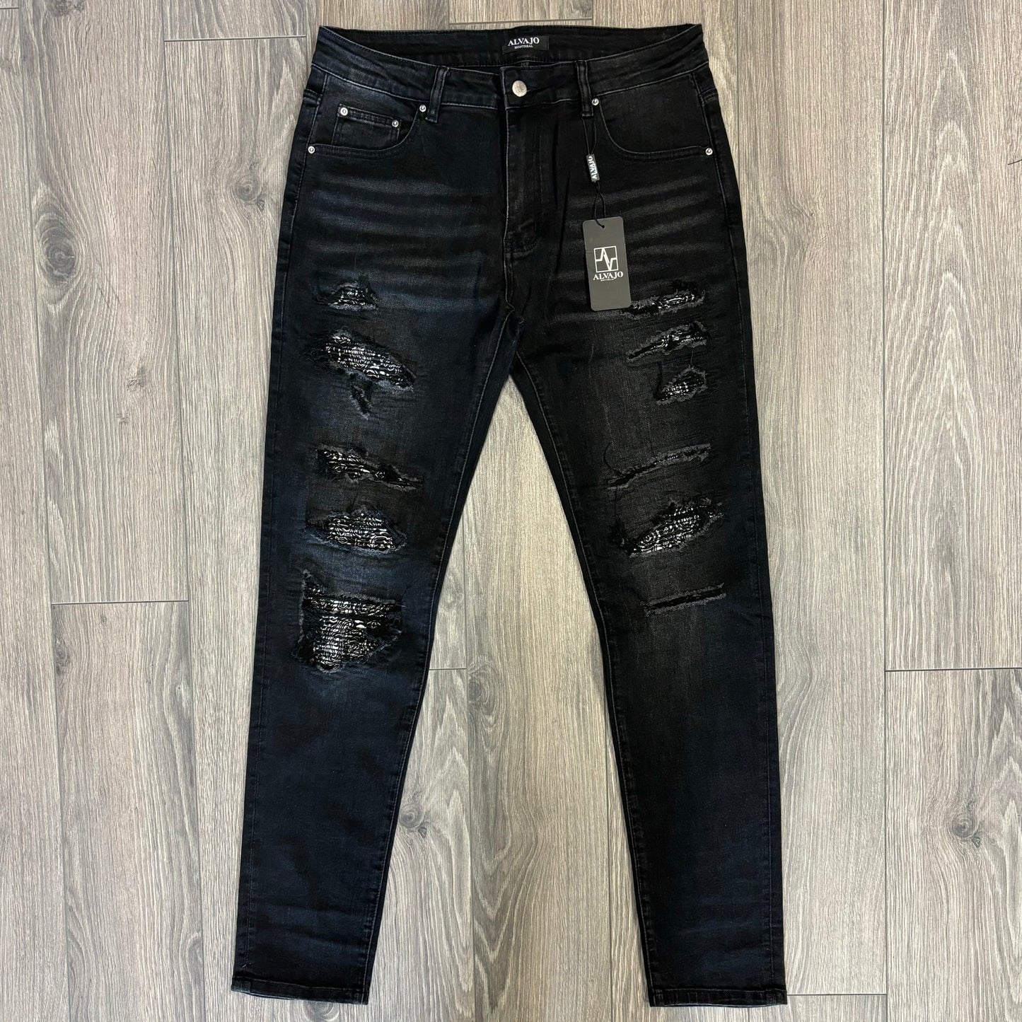 Distressed Black Paisley Denim